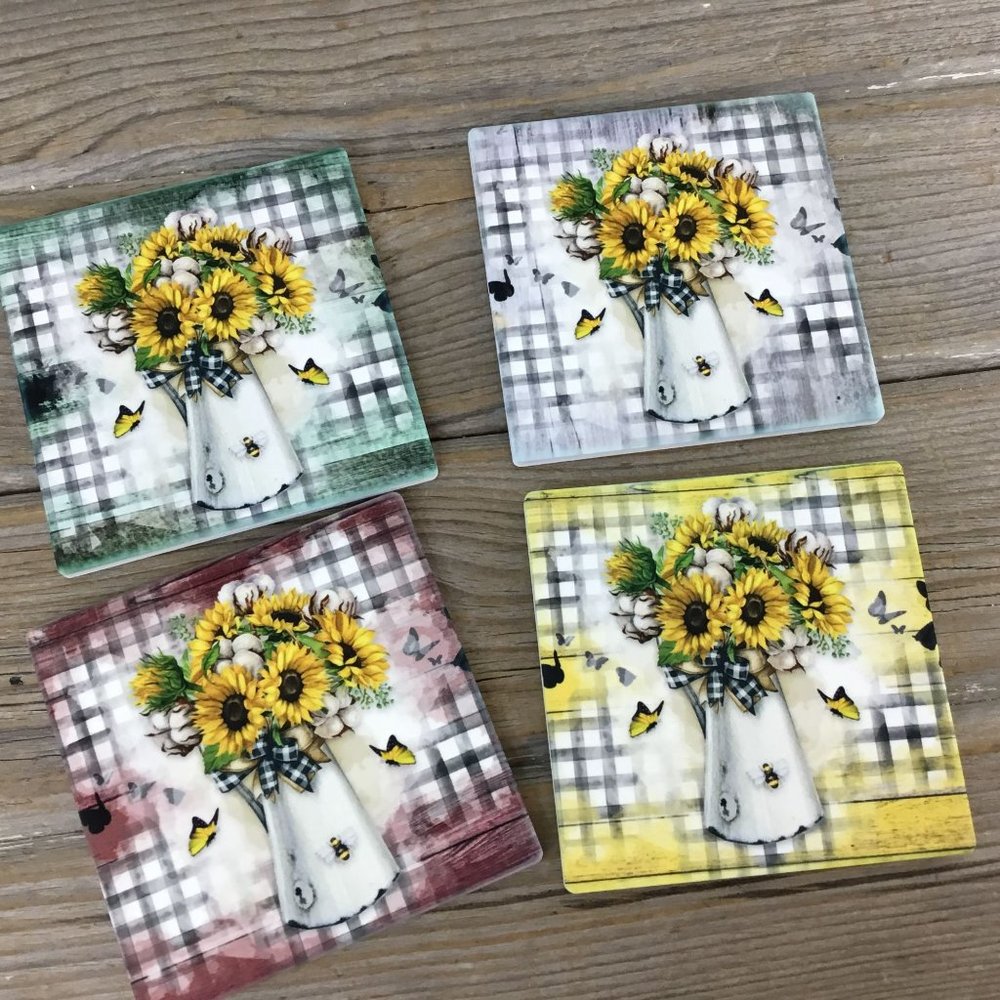 Sunflower Butterfly & Bees Plaid Set of 4 Sandstone Coasters
